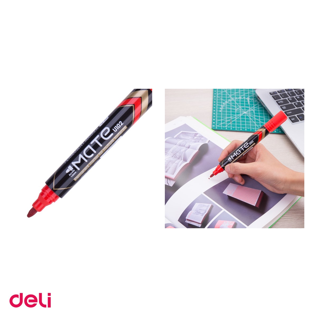 Set 10 markere cu varf rotund de 1.5 mm, Deli, permanent, mate, scris rosu [3]