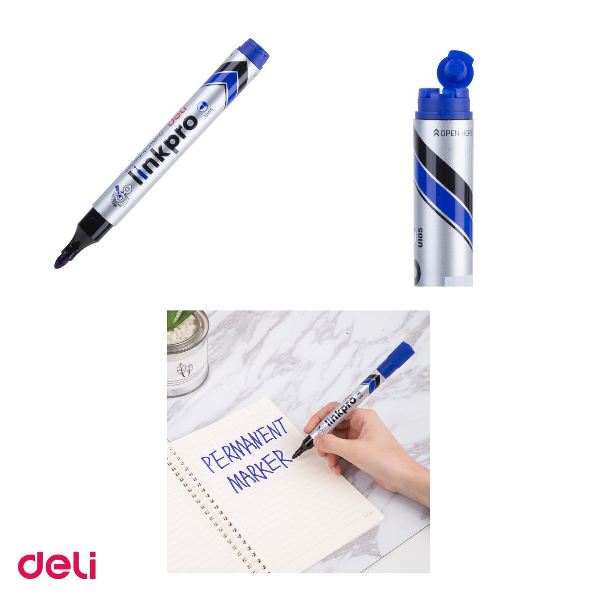 Marker cu varf rotund de 2 mm, Deli, permanent reincarcabil, scris albastru [3]