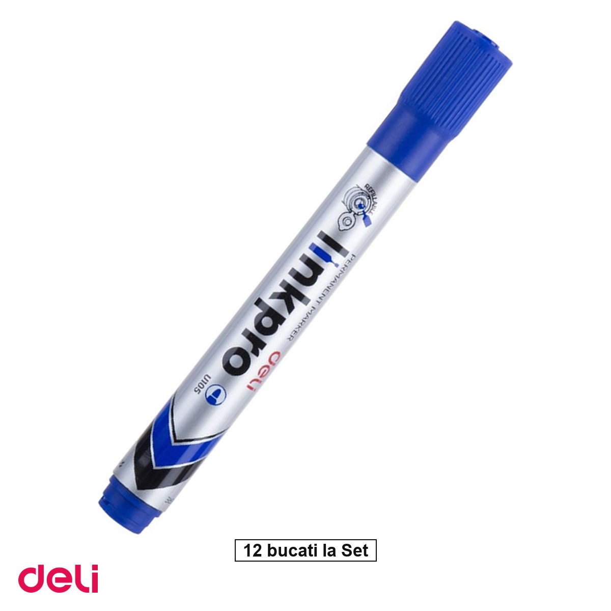 Instrumente de scris - Set 12 markere cu varf rotund de 2 mm, Deli, permanent reincarcabil, scris albastru