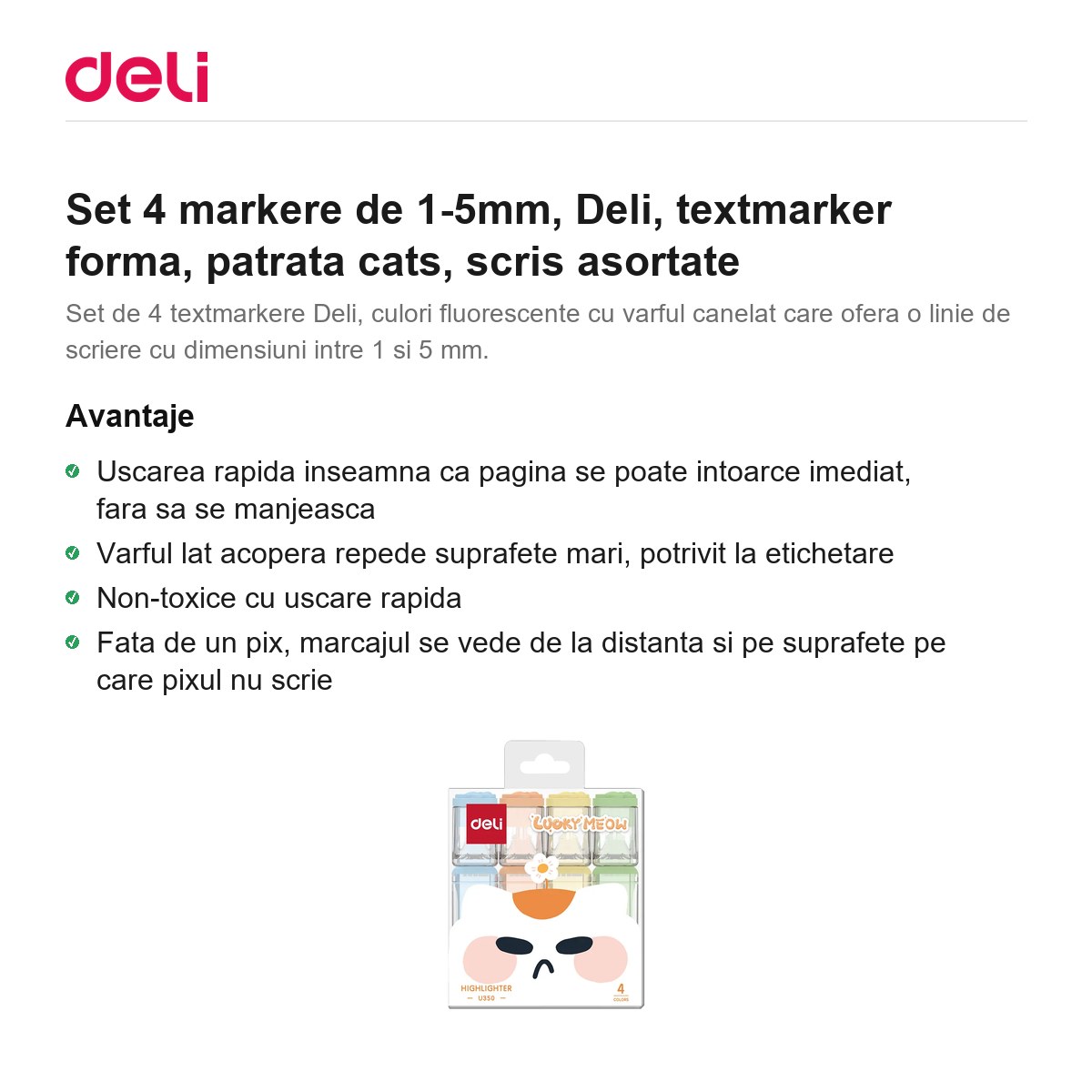 Set 4 markere de 1-5mm, Deli, textmarker forma, patrata cats, scris asortate [1]