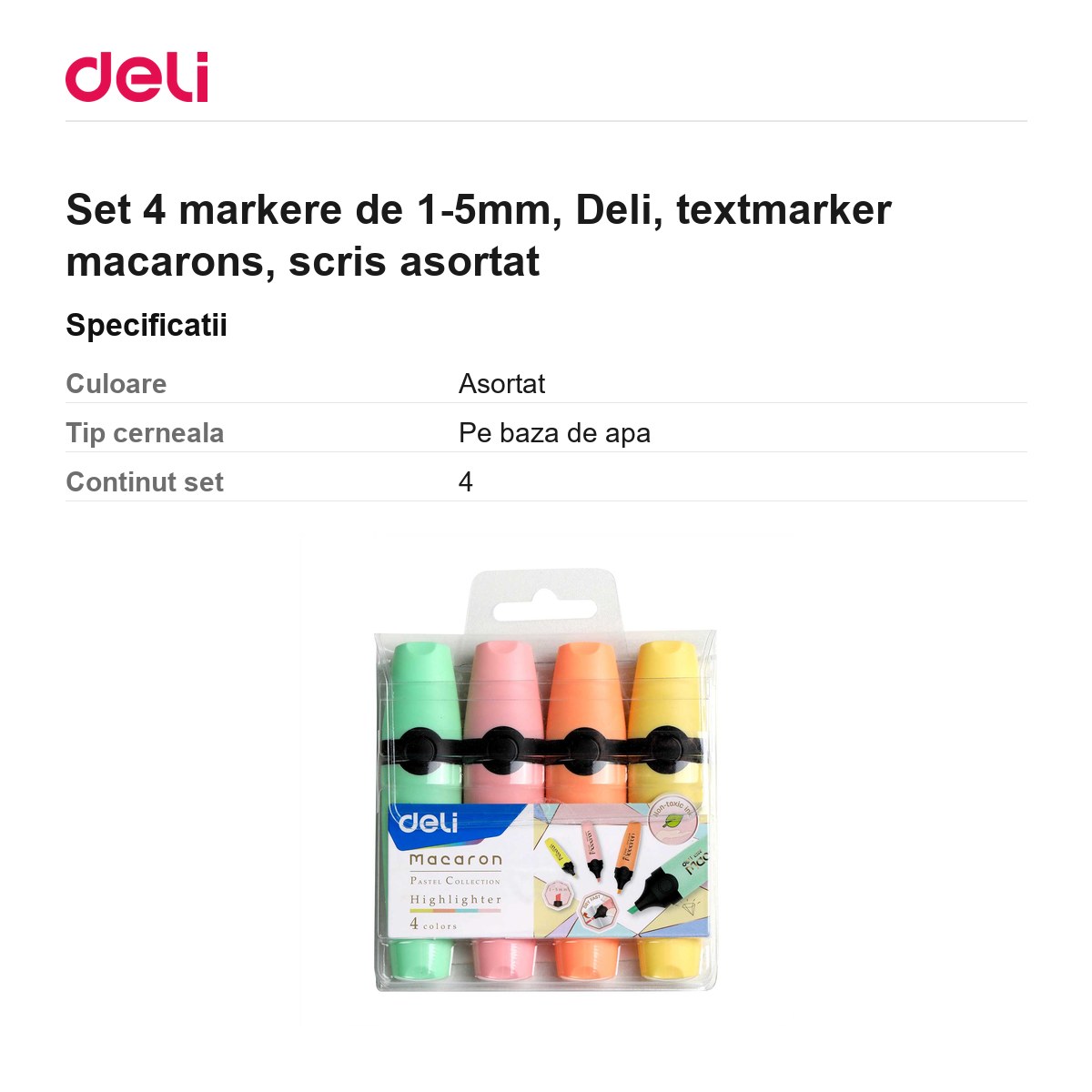 Set 4 markere de 1-5mm, Deli, textmarker macarons, scris asortat [2]