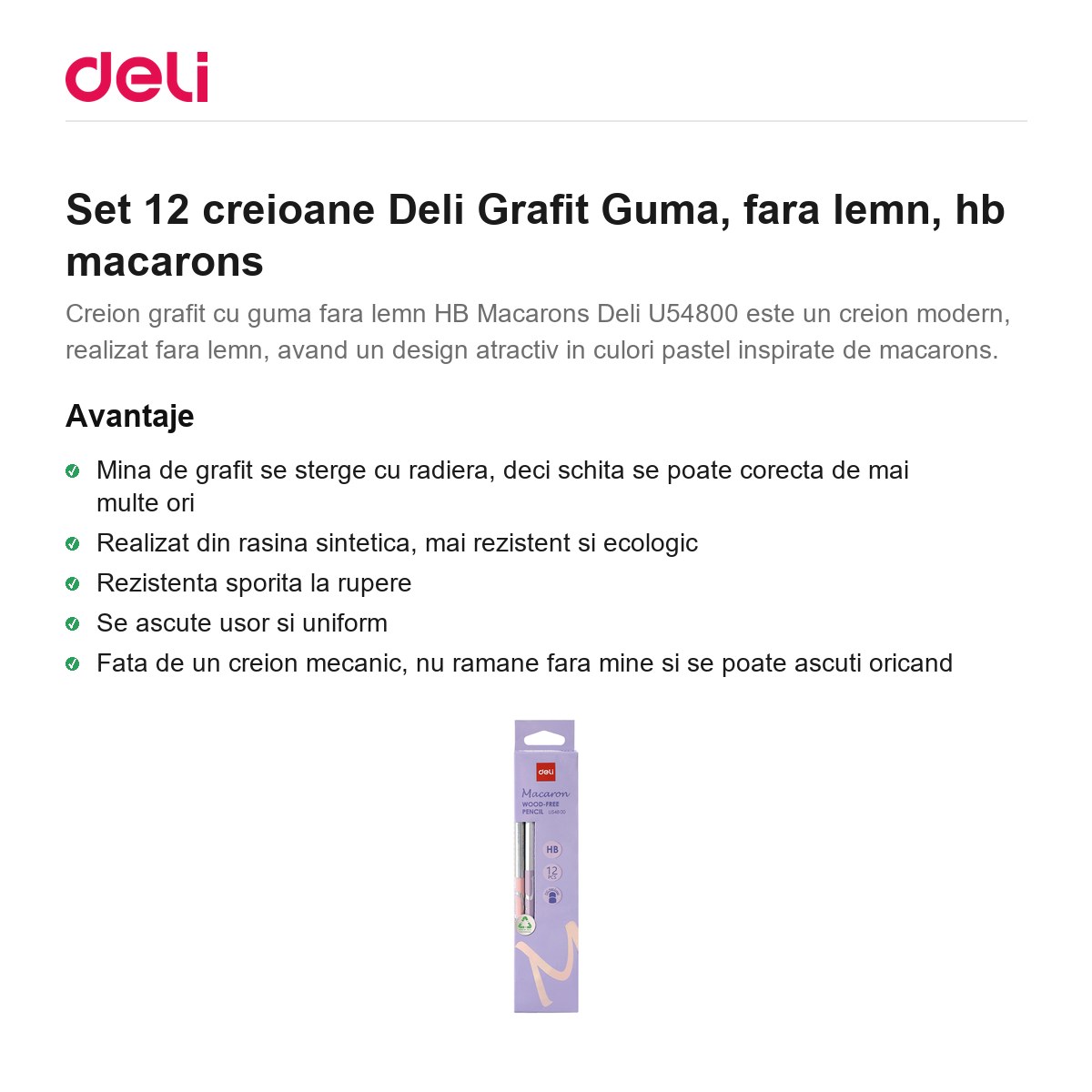Set 12 creioane Deli Grafit Guma, fara lemn, hb macarons [1]