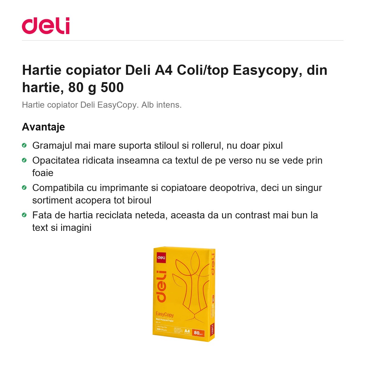 Hartie copiator Deli A4 Coli/top Easycopy, din hartie, 80 g 500 [1]