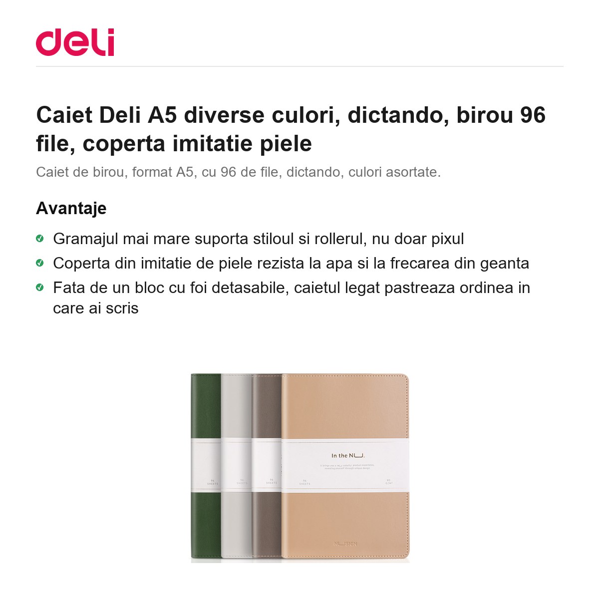 Caiet Deli A5 diverse culori, dictando, birou 96 file, coperta imitatie piele [1]