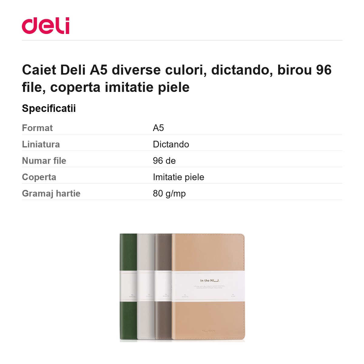 Caiet Deli A5 diverse culori, dictando, birou 96 file, coperta imitatie piele [2]