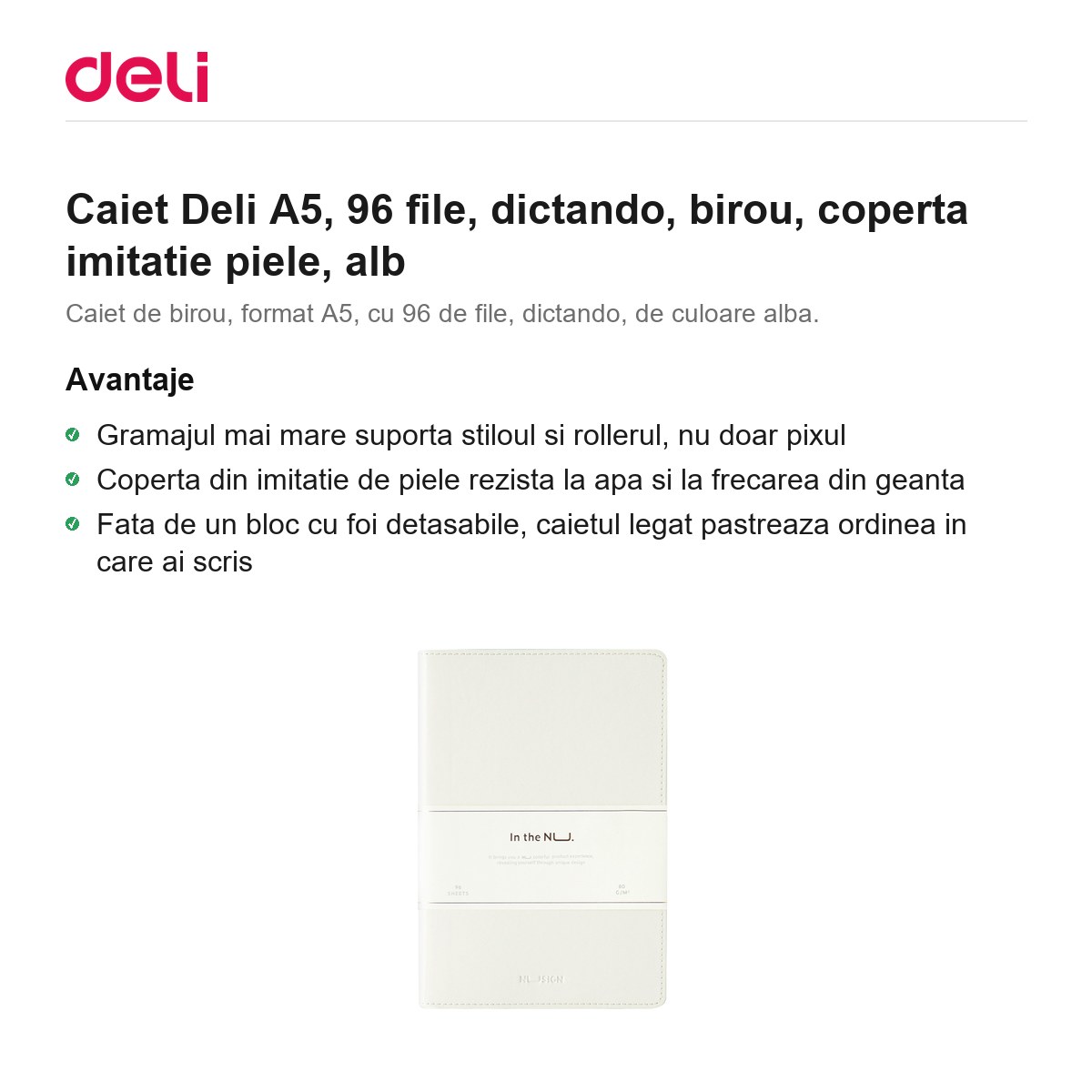Caiet Deli A5, 96 file, dictando, birou, coperta imitatie piele, alb [1]