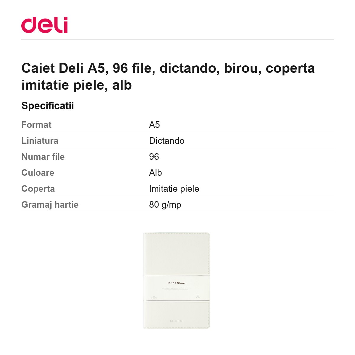 Caiet Deli A5, 96 file, dictando, birou, coperta imitatie piele, alb [2]