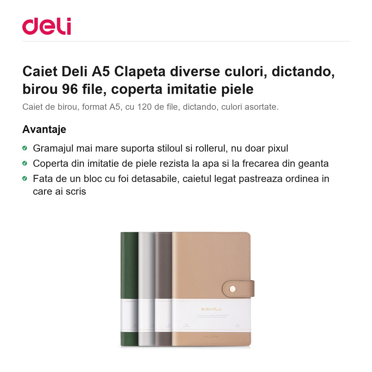 Caiet Deli A5 Clapeta diverse culori, dictando, birou 96 file, coperta imitatie piele [1]