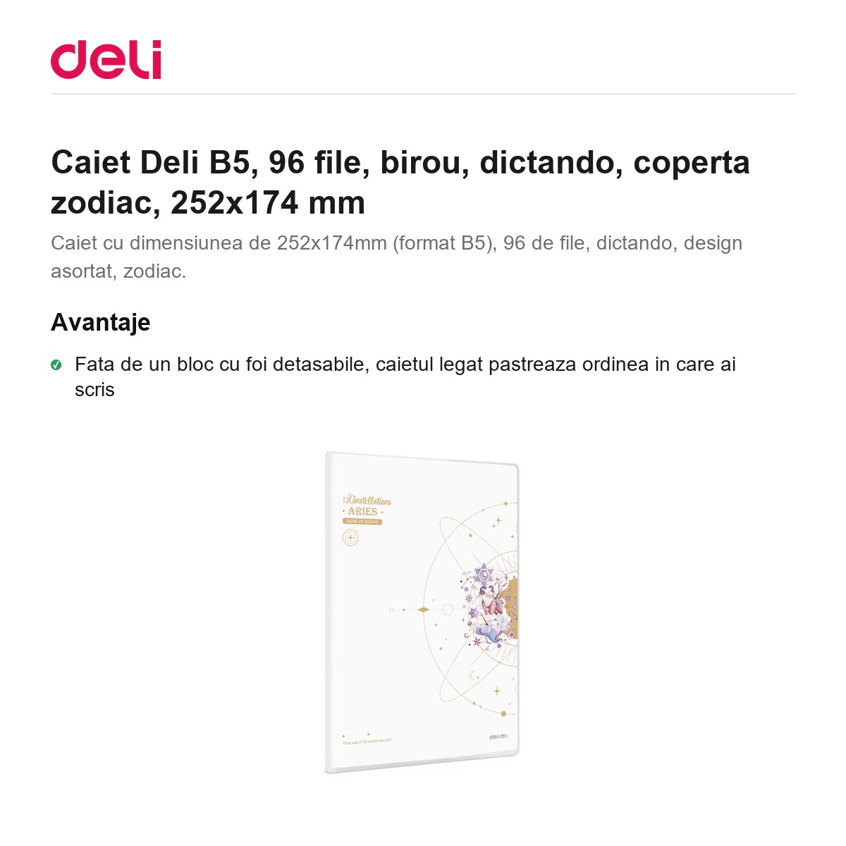 Caiet Deli B5, 96 file, birou, dictando, coperta zodiac, 252x174 mm [1]