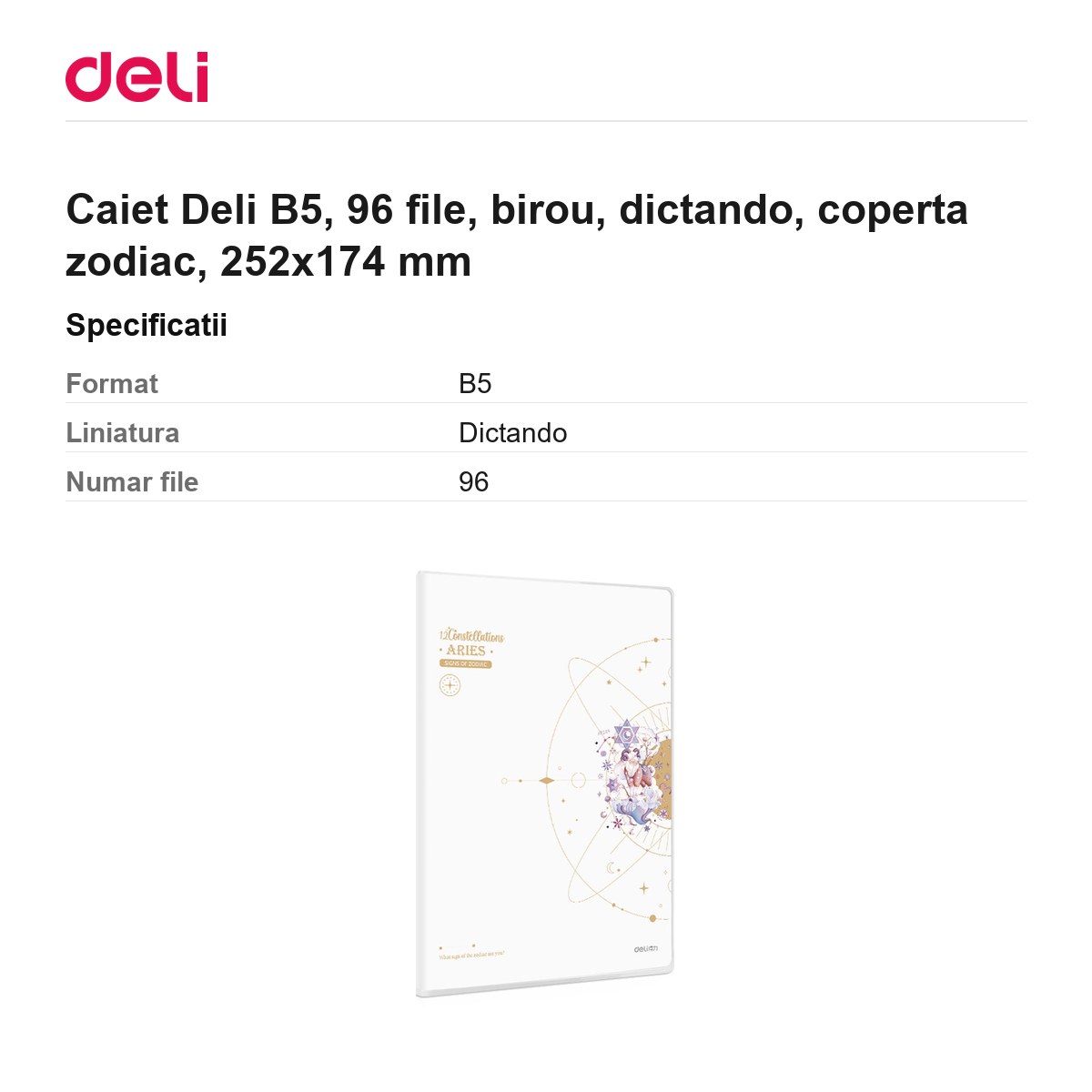 Caiet Deli B5, 96 file, birou, dictando, coperta zodiac, 252x174 mm [2]