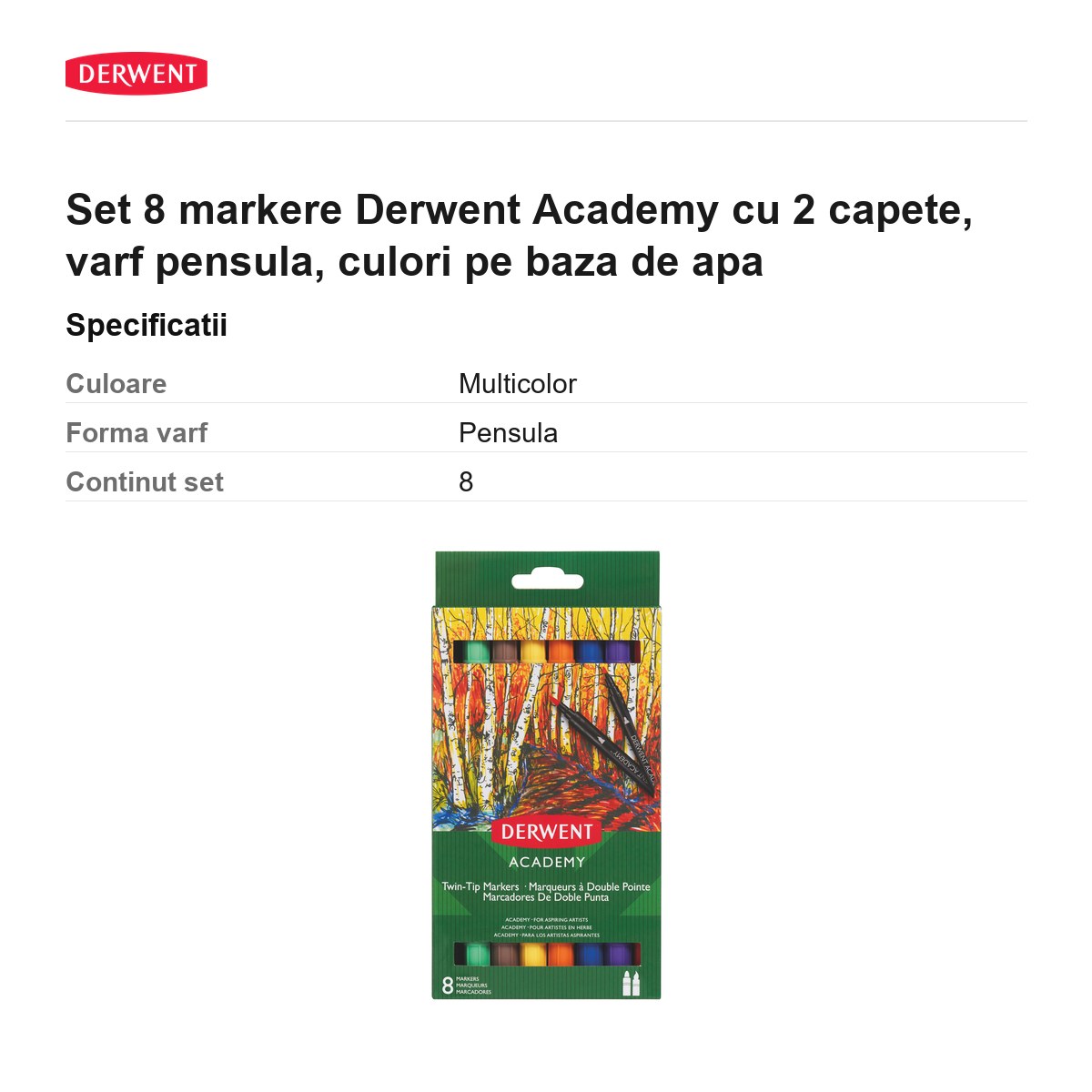 Set 8 markere Derwent Academy cu 2 capete, varf pensula, culori pe baza de apa [2]