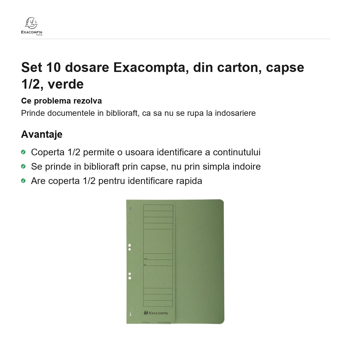 Set 10 dosare Exacompta, din carton, capse 1/2, verde [1]