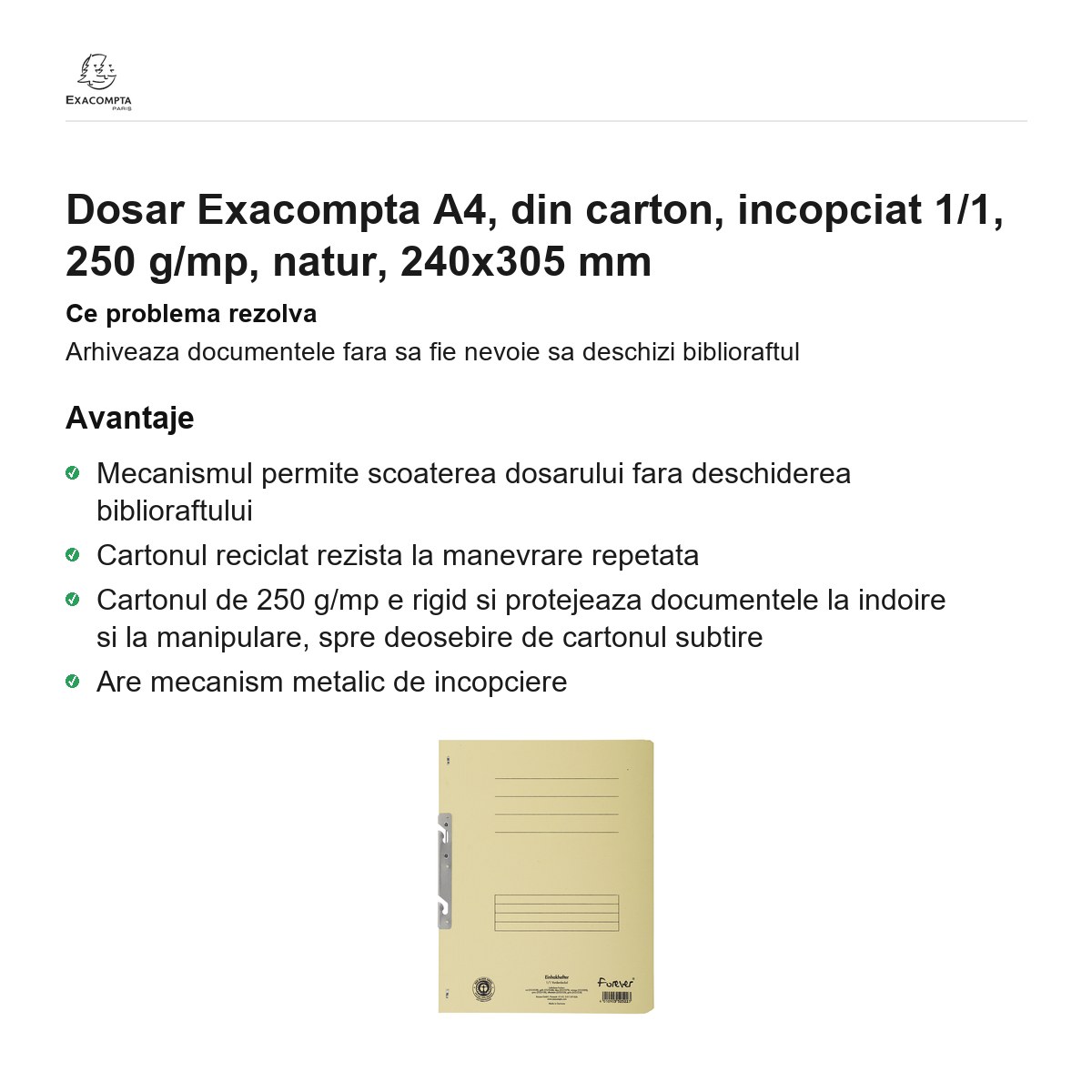Dosar Exacompta A4, din carton, incopciat 1/1, 250 g/mp, natur, 240x305 mm [1]