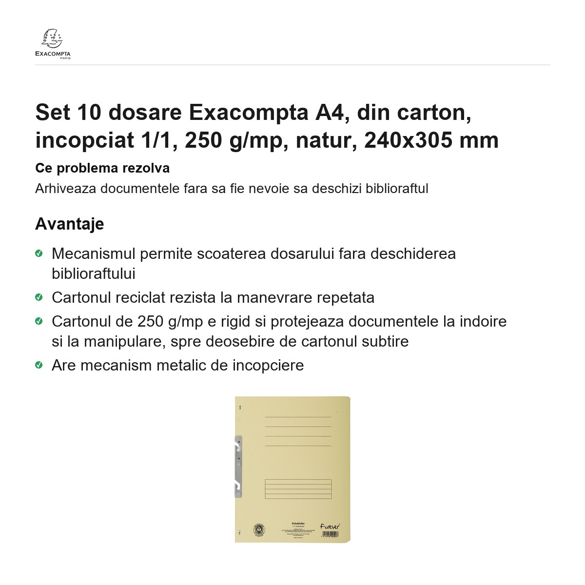 Set 10 dosare Exacompta A4, din carton, incopciat 1/1, 250 g/mp, natur, 240x305 mm [1]