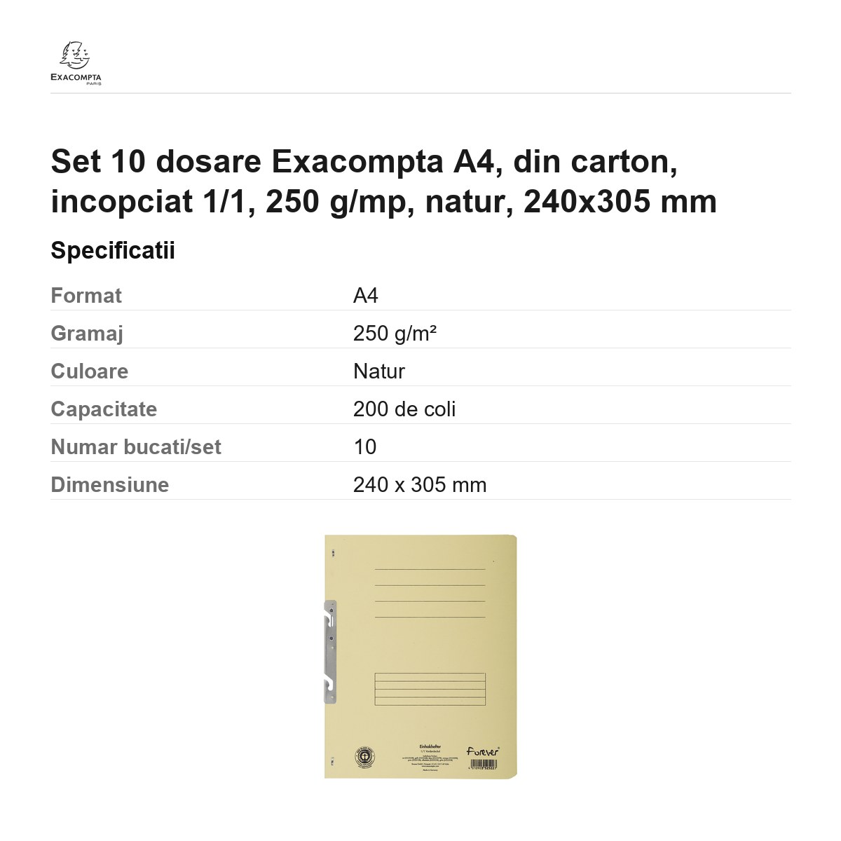Set 10 dosare Exacompta A4, din carton, incopciat 1/1, 250 g/mp, natur, 240x305 mm [2]