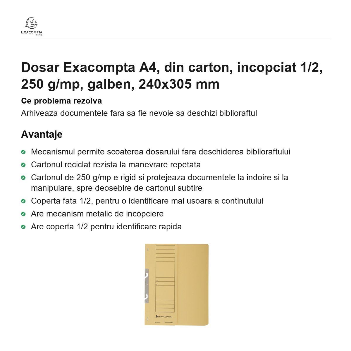 Dosar Exacompta A4, din carton, incopciat 1/2, 250 g/mp, galben, 240x305 mm [1]