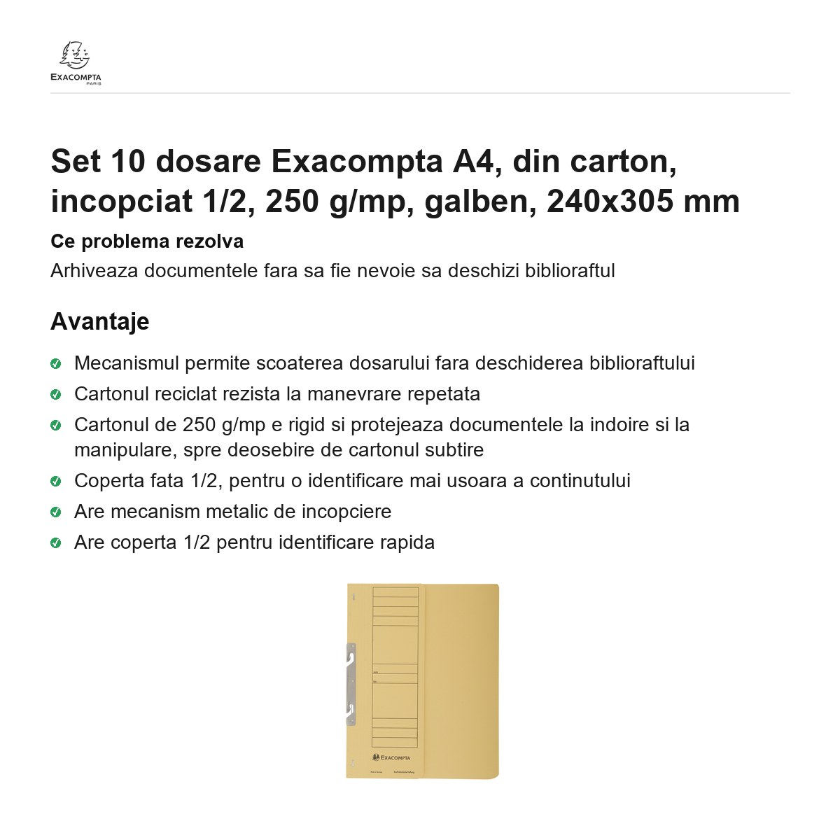 Set 10 dosare Exacompta A4, din carton, incopciat 1/2, 250 g/mp, galben, 240x305 mm [1]
