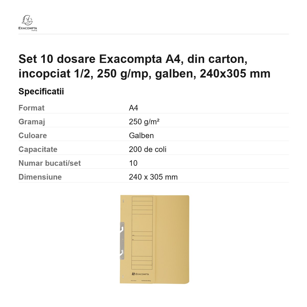 Set 10 dosare Exacompta A4, din carton, incopciat 1/2, 250 g/mp, galben, 240x305 mm [2]