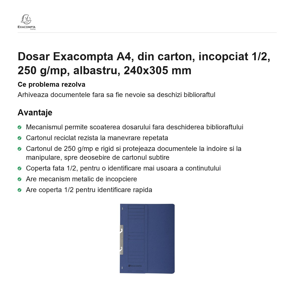 Dosar Exacompta A4, din carton, incopciat 1/2, 250 g/mp, albastru, 240x305 mm [1]
