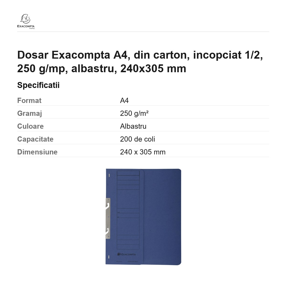 Dosar Exacompta A4, din carton, incopciat 1/2, 250 g/mp, albastru, 240x305 mm [2]