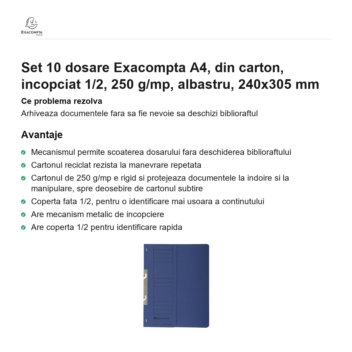 Set 10 dosare Exacompta A4, din carton, incopciat 1/2, 250 g/mp, albastru, 240x305 mm [1]