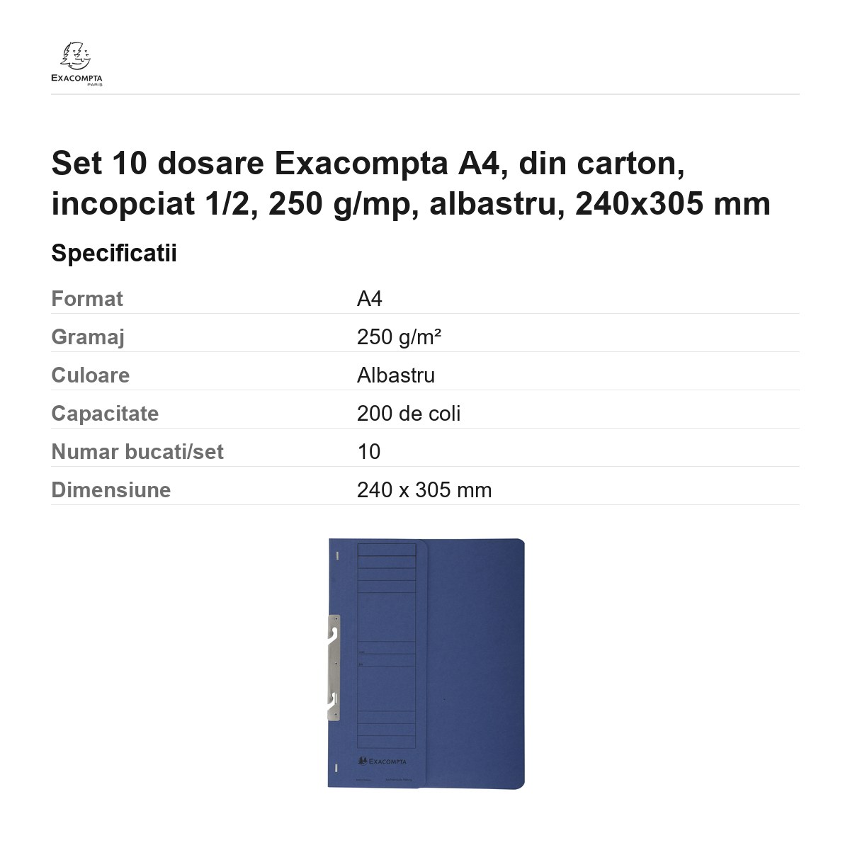 Set 10 dosare Exacompta A4, din carton, incopciat 1/2, 250 g/mp, albastru, 240x305 mm [2]