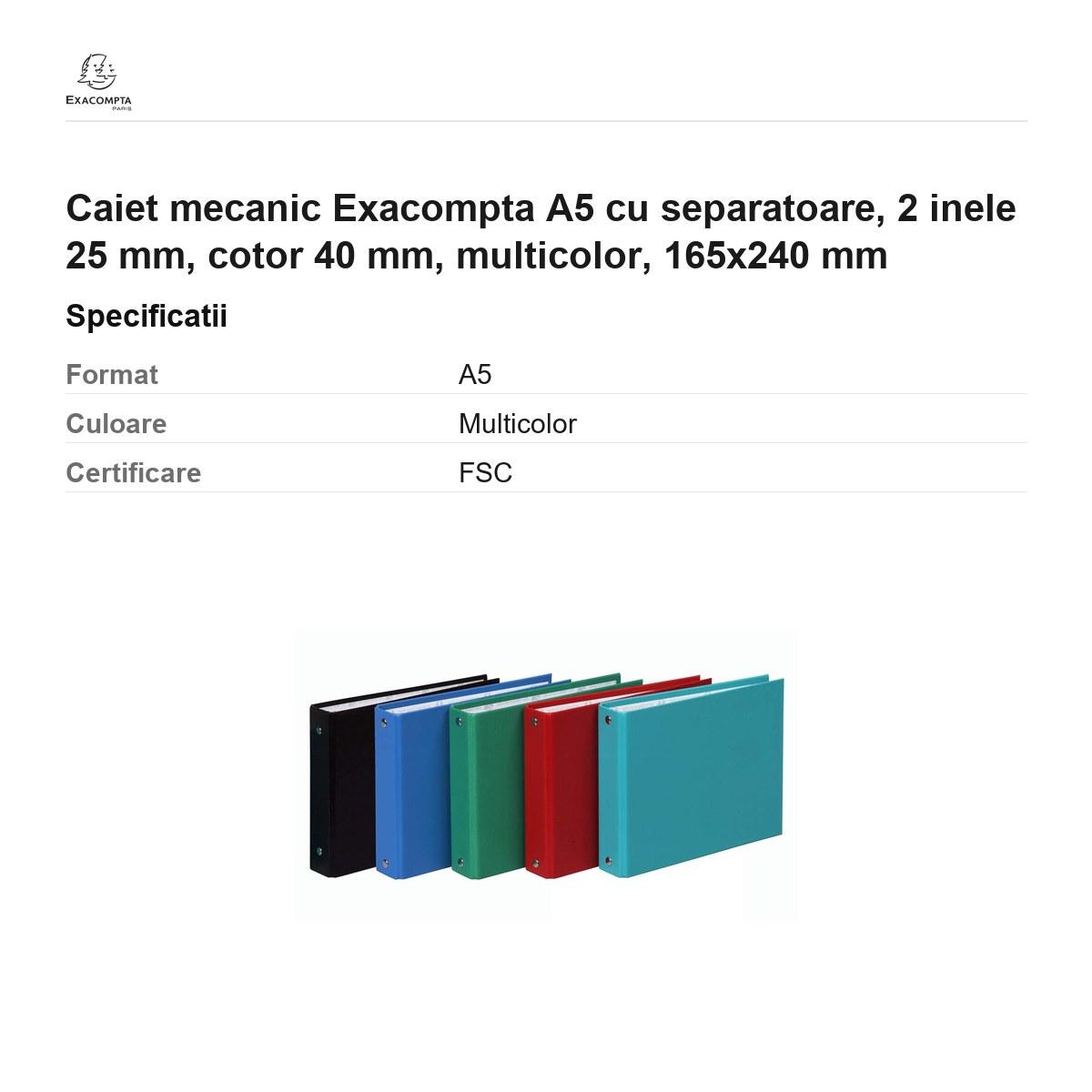 Caiet mecanic Exacompta A5 cu separatoare, 2 inele 25 mm, cotor 40 mm, multicolor, 165x240 mm [2]