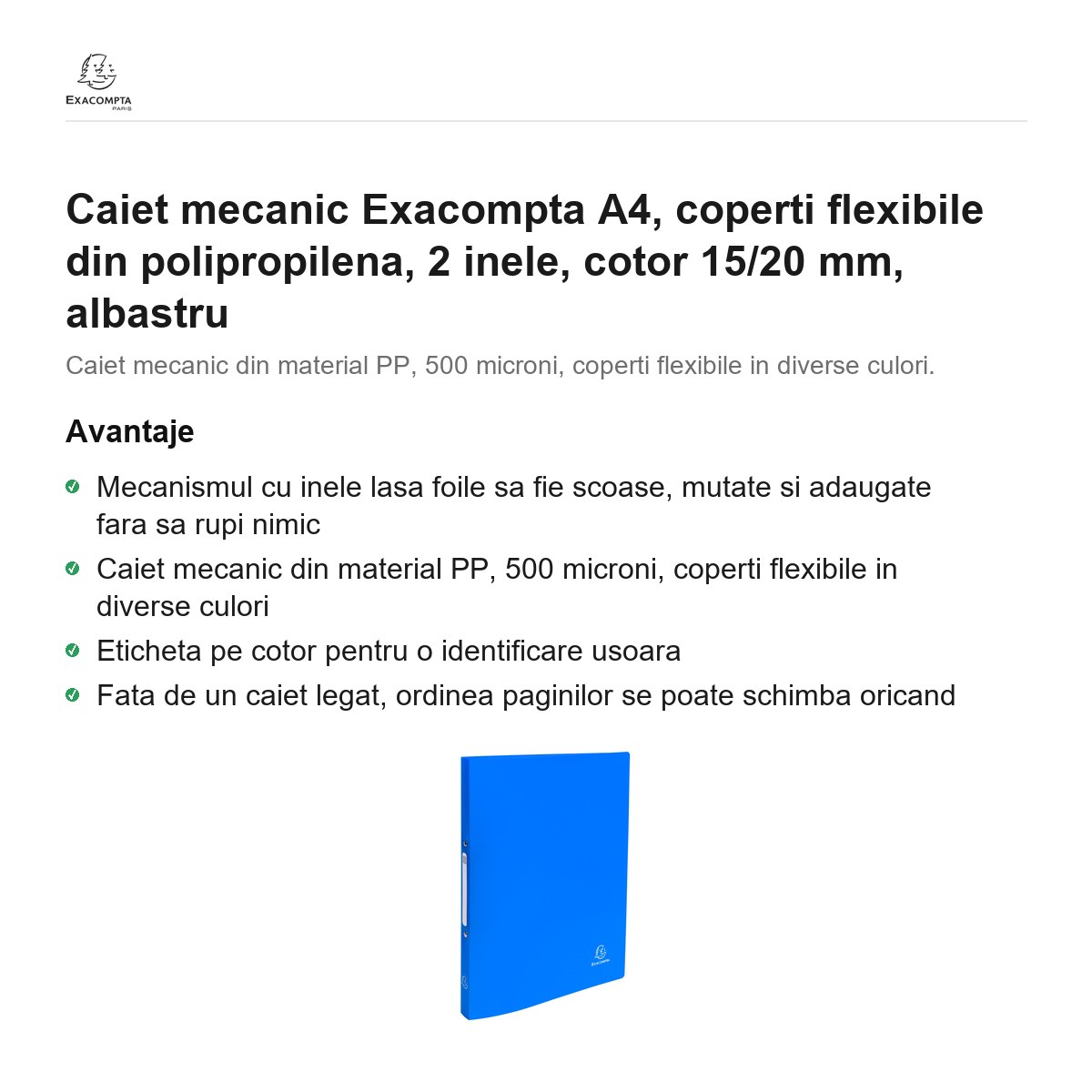 Caiet mecanic Exacompta A4, coperti flexibile din polipropilena, 2 inele, cotor 15/20 mm, albastru [1]