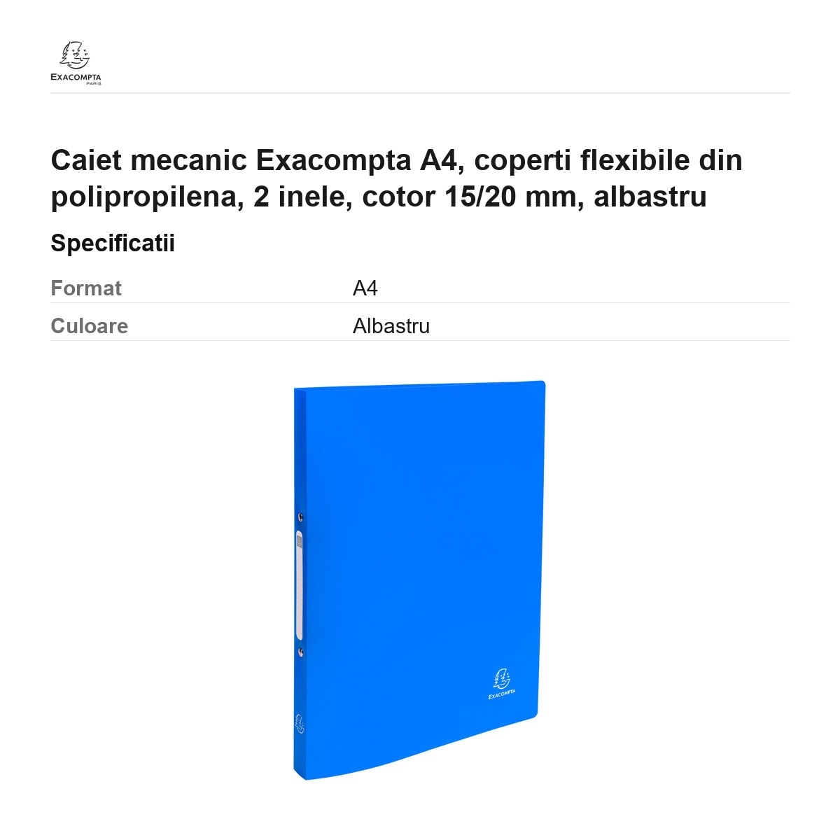 Caiet mecanic Exacompta A4, coperti flexibile din polipropilena, 2 inele, cotor 15/20 mm, albastru [2]
