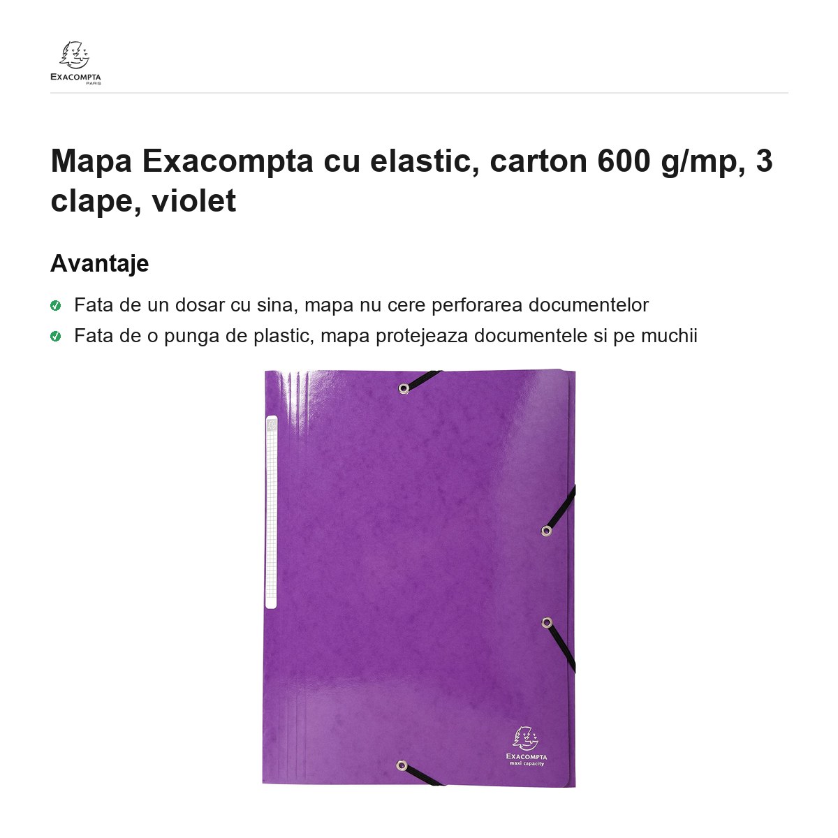 Mapa Exacompta cu elastic, carton 600 g/mp, 3 clape, violet [1]