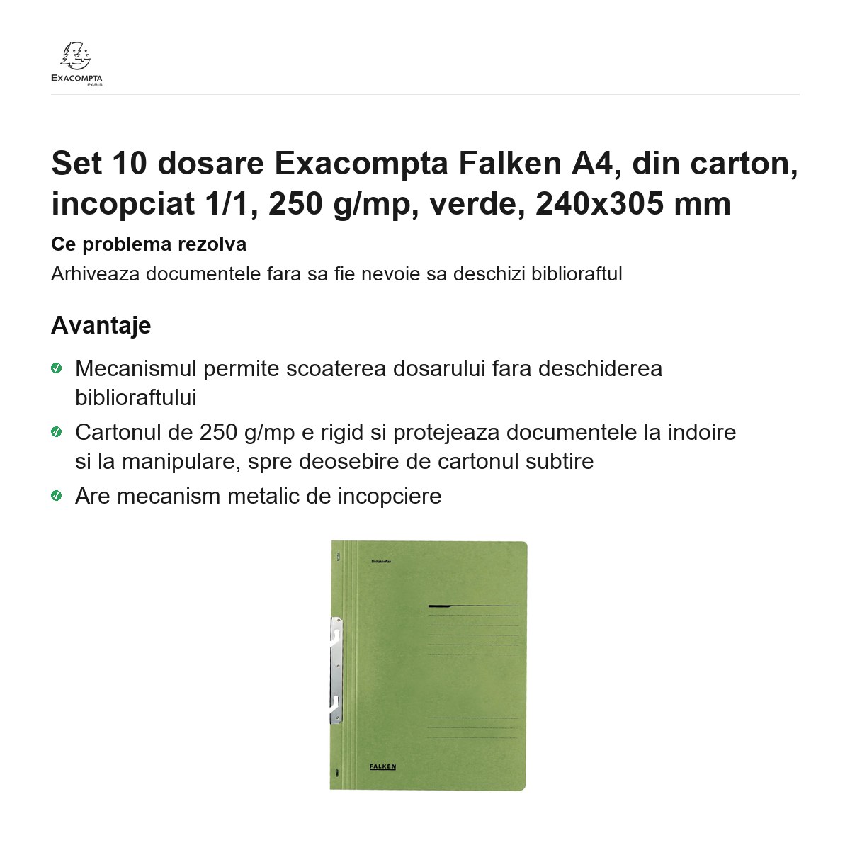 Set 10 dosare Exacompta Falken A4, din carton, incopciat 1/1, 250 g/mp, verde, 240x305 mm [1]