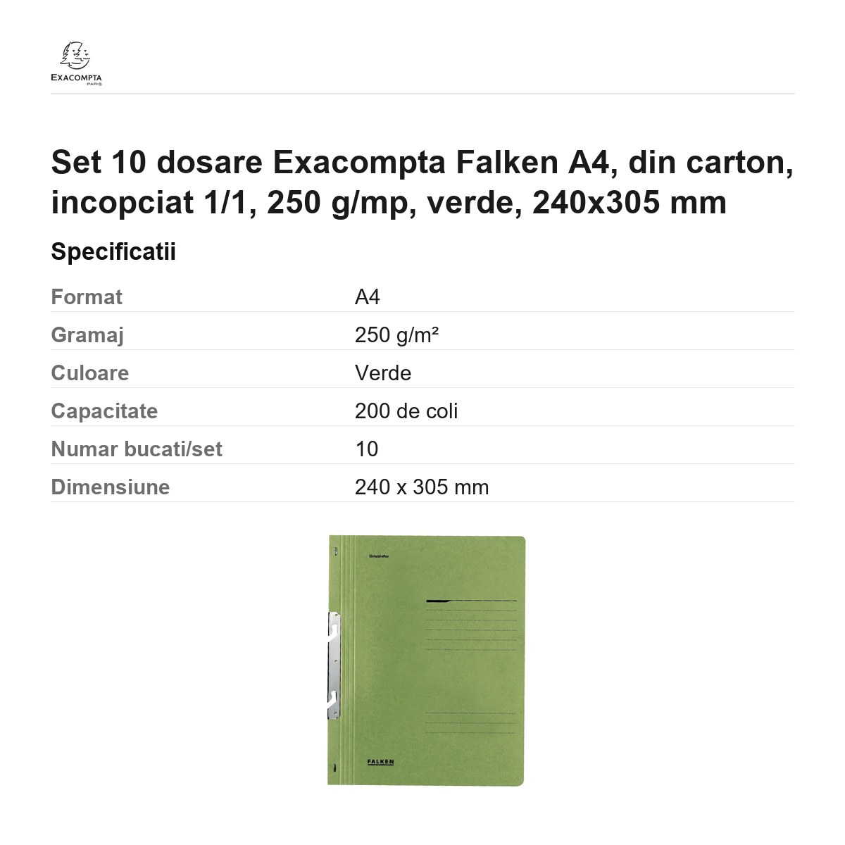 Set 10 dosare Exacompta Falken A4, din carton, incopciat 1/1, 250 g/mp, verde, 240x305 mm [2]