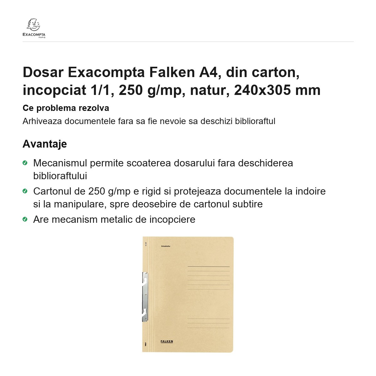Dosar Exacompta Falken A4, din carton, incopciat 1/1, 250 g/mp, natur, 240x305 mm [1]