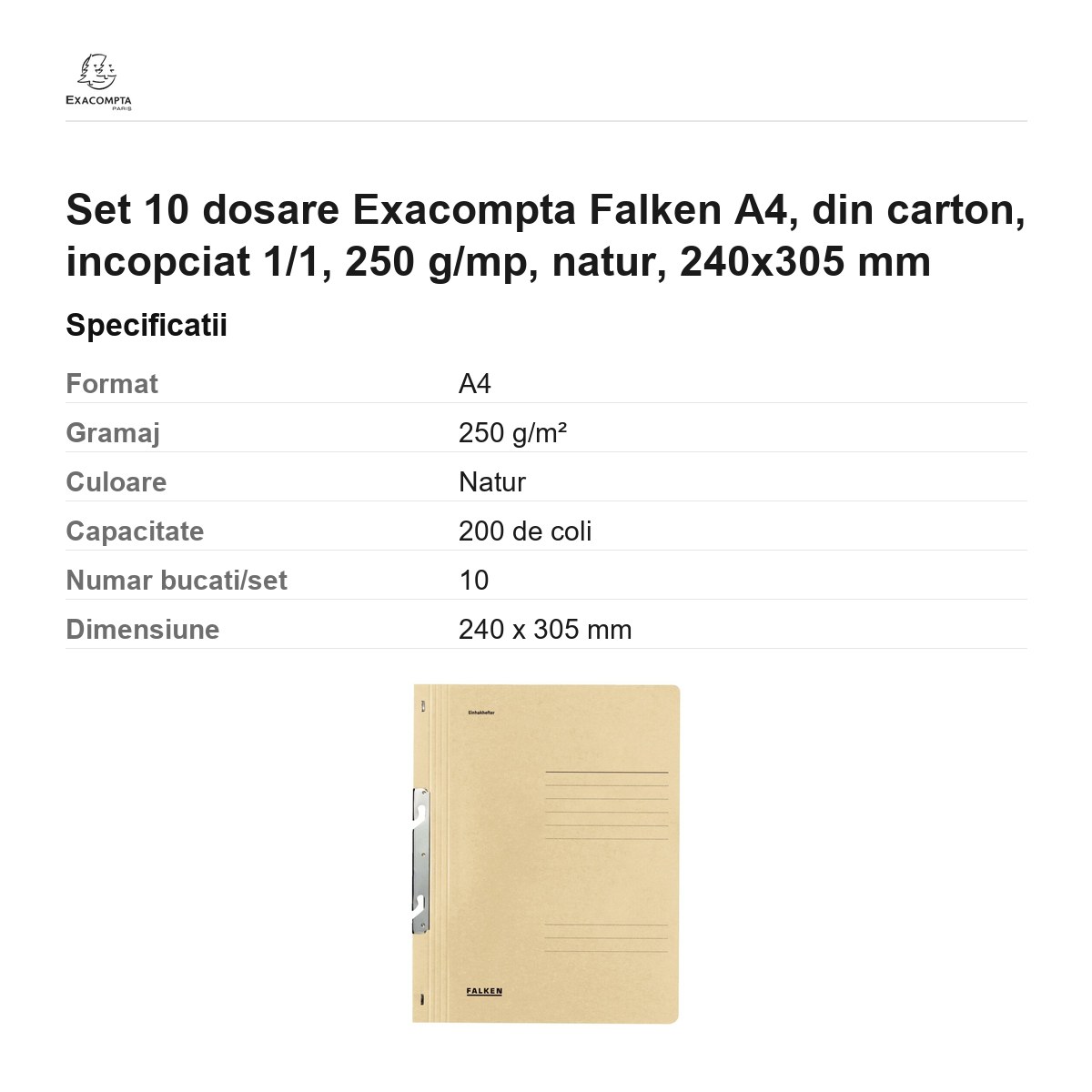 Set 10 dosare Exacompta Falken A4, din carton, incopciat 1/1, 250 g/mp, natur, 240x305 mm [2]