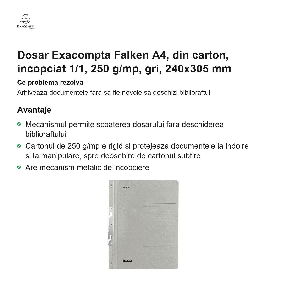 Dosar Exacompta Falken A4, din carton, incopciat 1/1, 250 g/mp, gri, 240x305 mm [1]