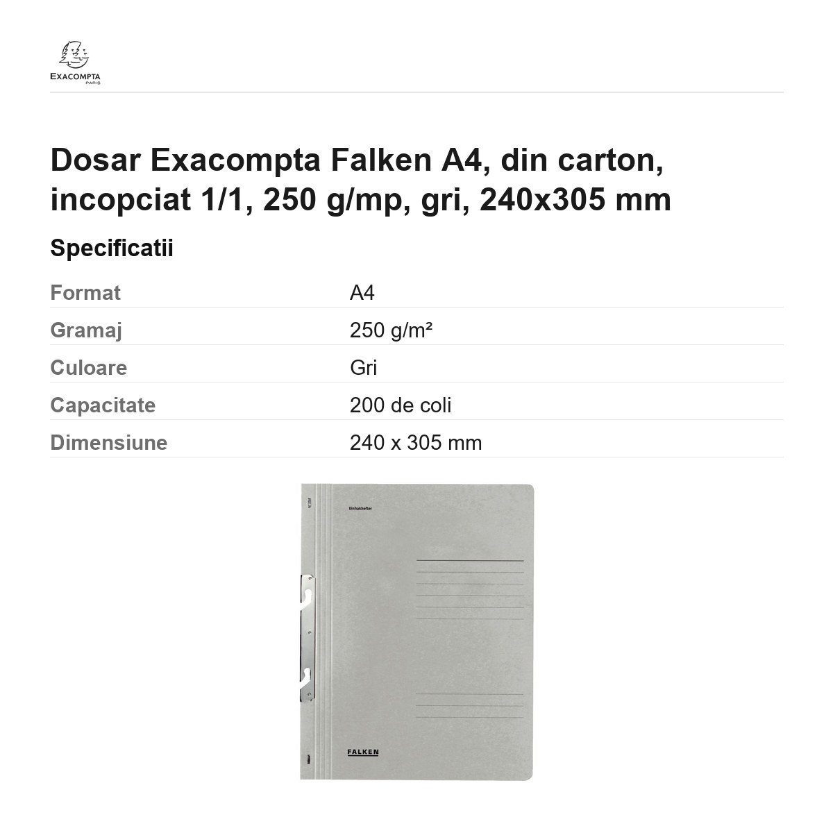 Dosar Exacompta Falken A4, din carton, incopciat 1/1, 250 g/mp, gri, 240x305 mm [2]