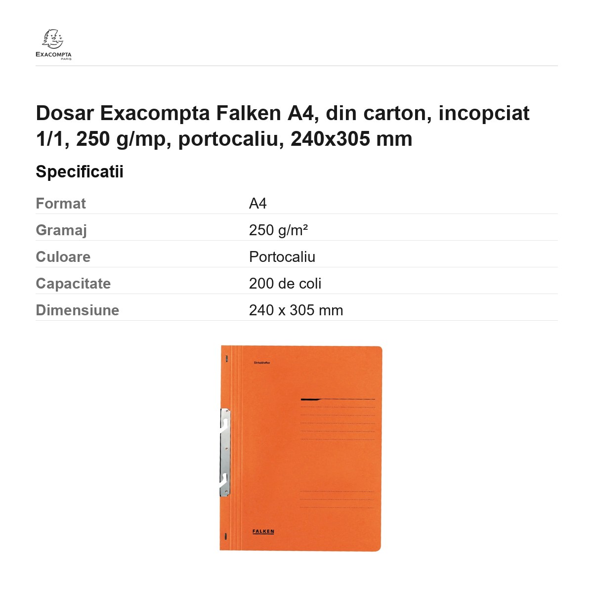 Dosar Exacompta Falken A4, din carton, incopciat 1/1, 250 g/mp, portocaliu, 240x305 mm [2]