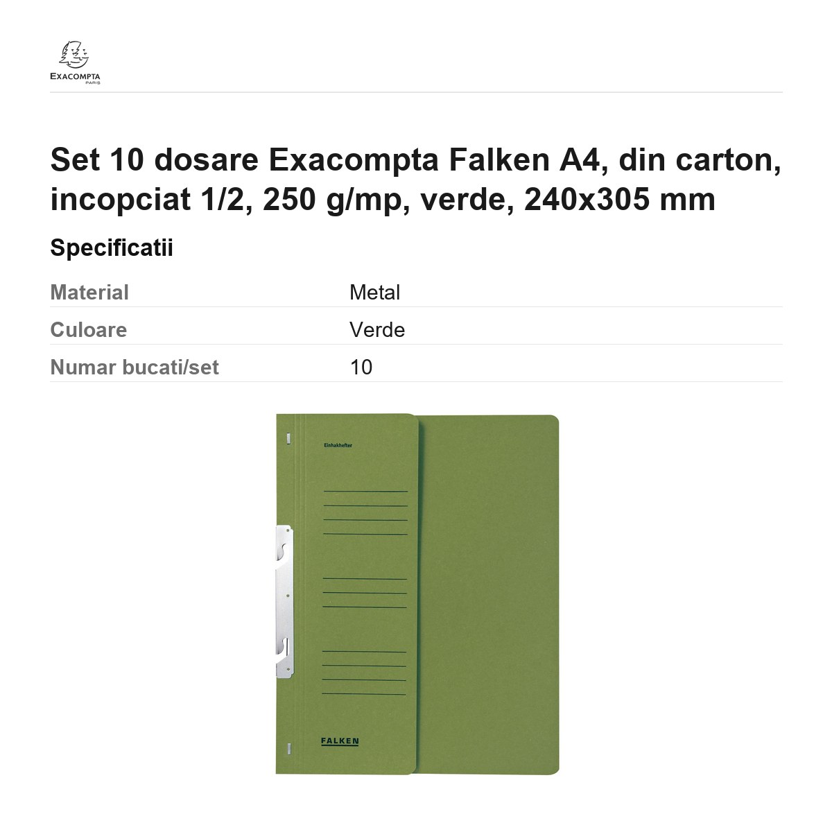 Set 10 dosare Exacompta Falken A4, din carton, incopciat 1/2, 250 g/mp, verde, 240x305 mm [2]