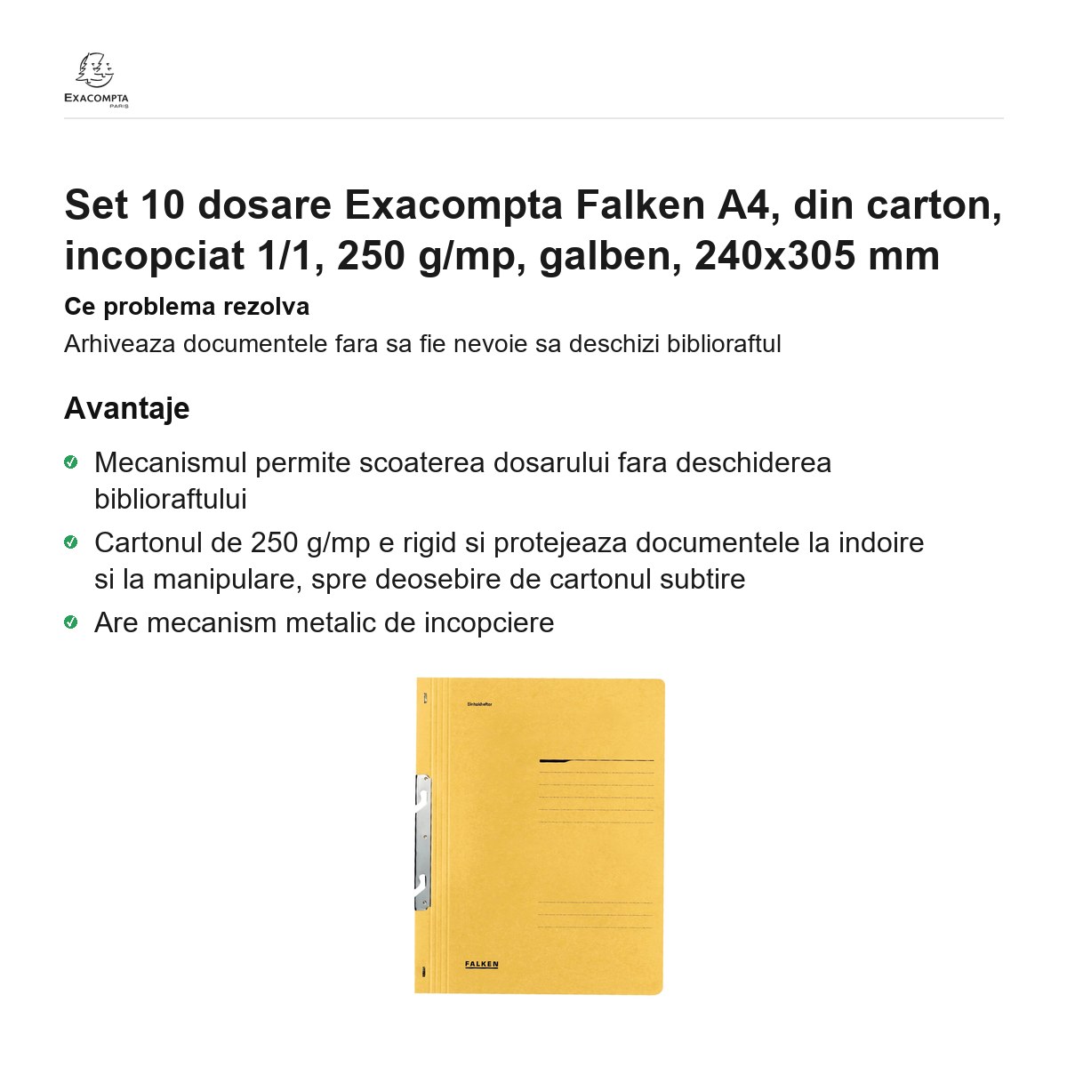 Set 10 dosare Exacompta Falken A4, din carton, incopciat 1/1, 250 g/mp, galben, 240x305 mm [1]