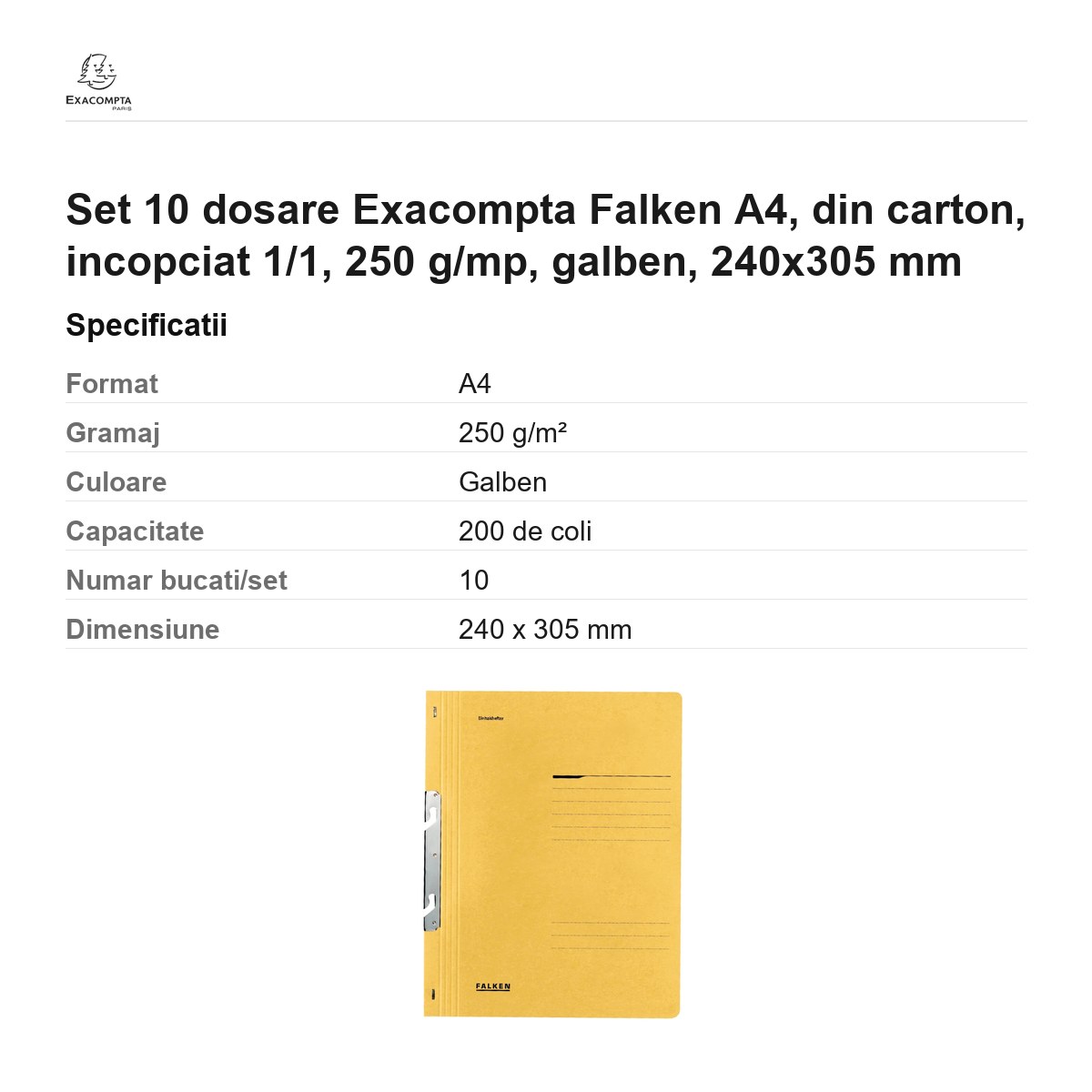 Set 10 dosare Exacompta Falken A4, din carton, incopciat 1/1, 250 g/mp, galben, 240x305 mm [2]
