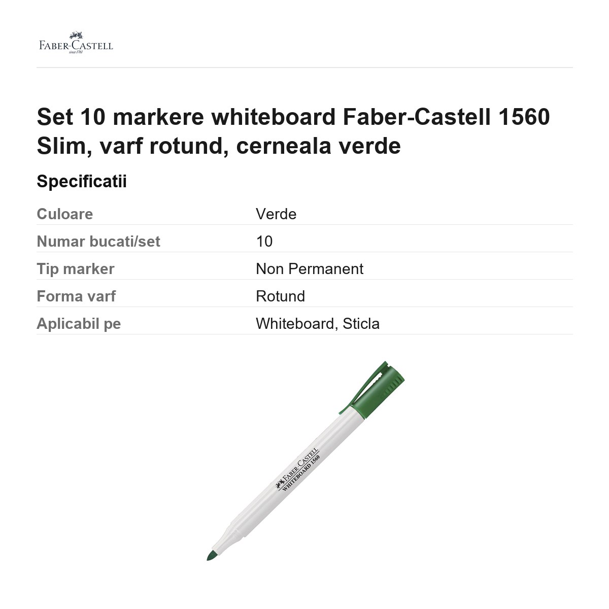 Set 10 markere whiteboard Faber-Castell 1560 Slim, varf rotund, cerneala verde [2]