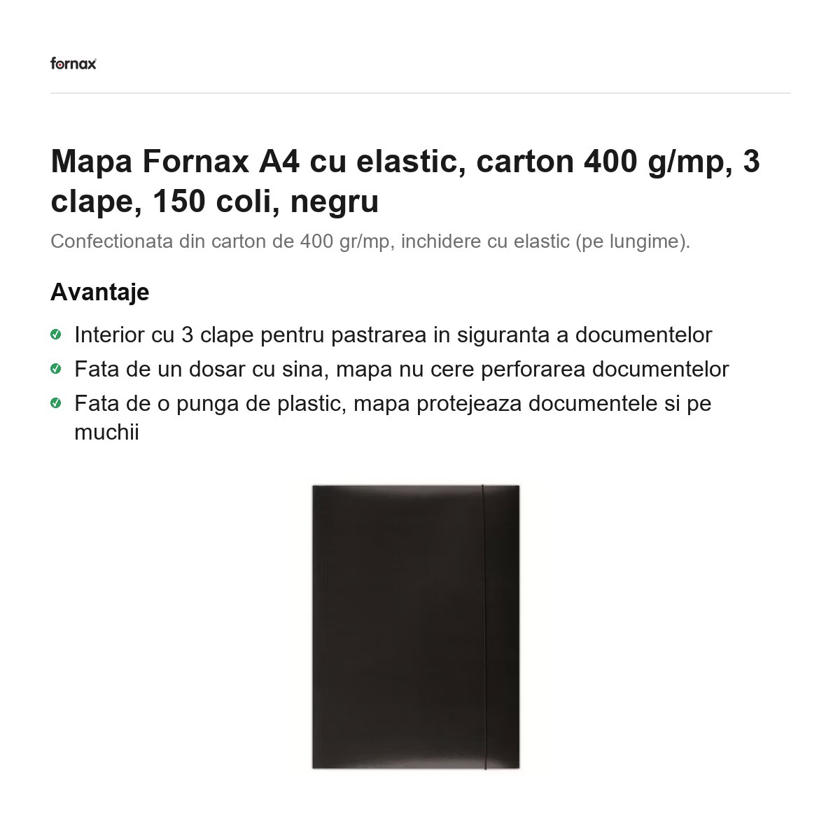 Mapa Fornax A4 cu elastic, carton 400 g/mp, 3 clape, 150 coli, negru [1]