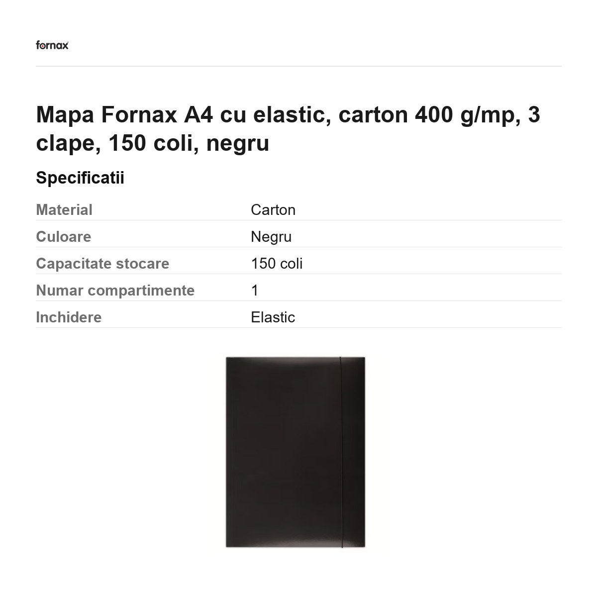 Mapa Fornax A4 cu elastic, carton 400 g/mp, 3 clape, 150 coli, negru [2]