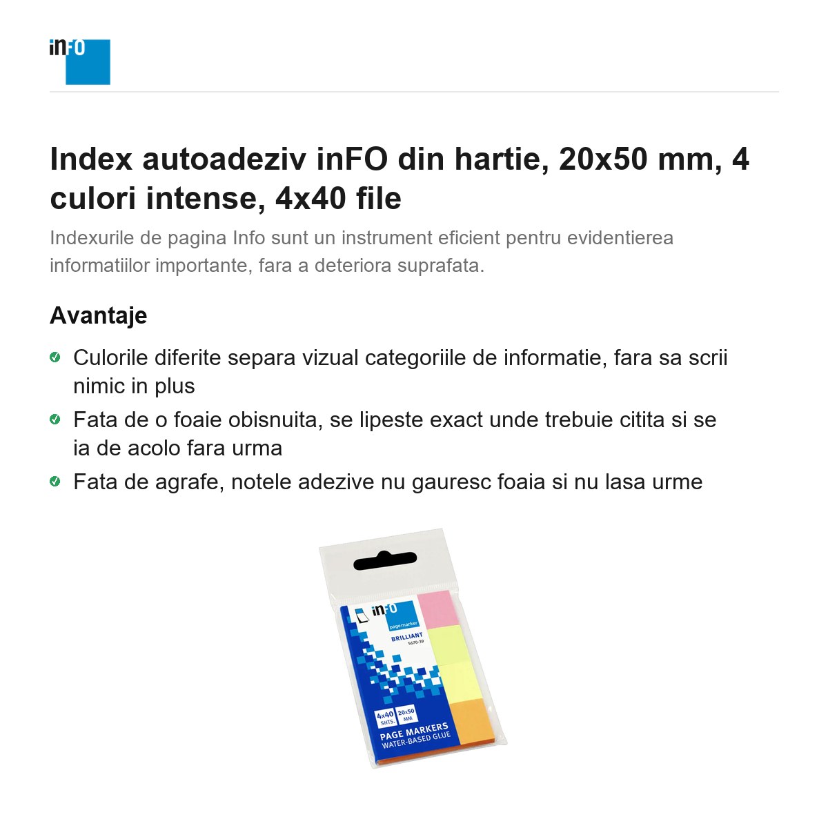 Index autoadeziv inFO din hartie, 20x50 mm, 4 culori intense, 4x40 file [1]