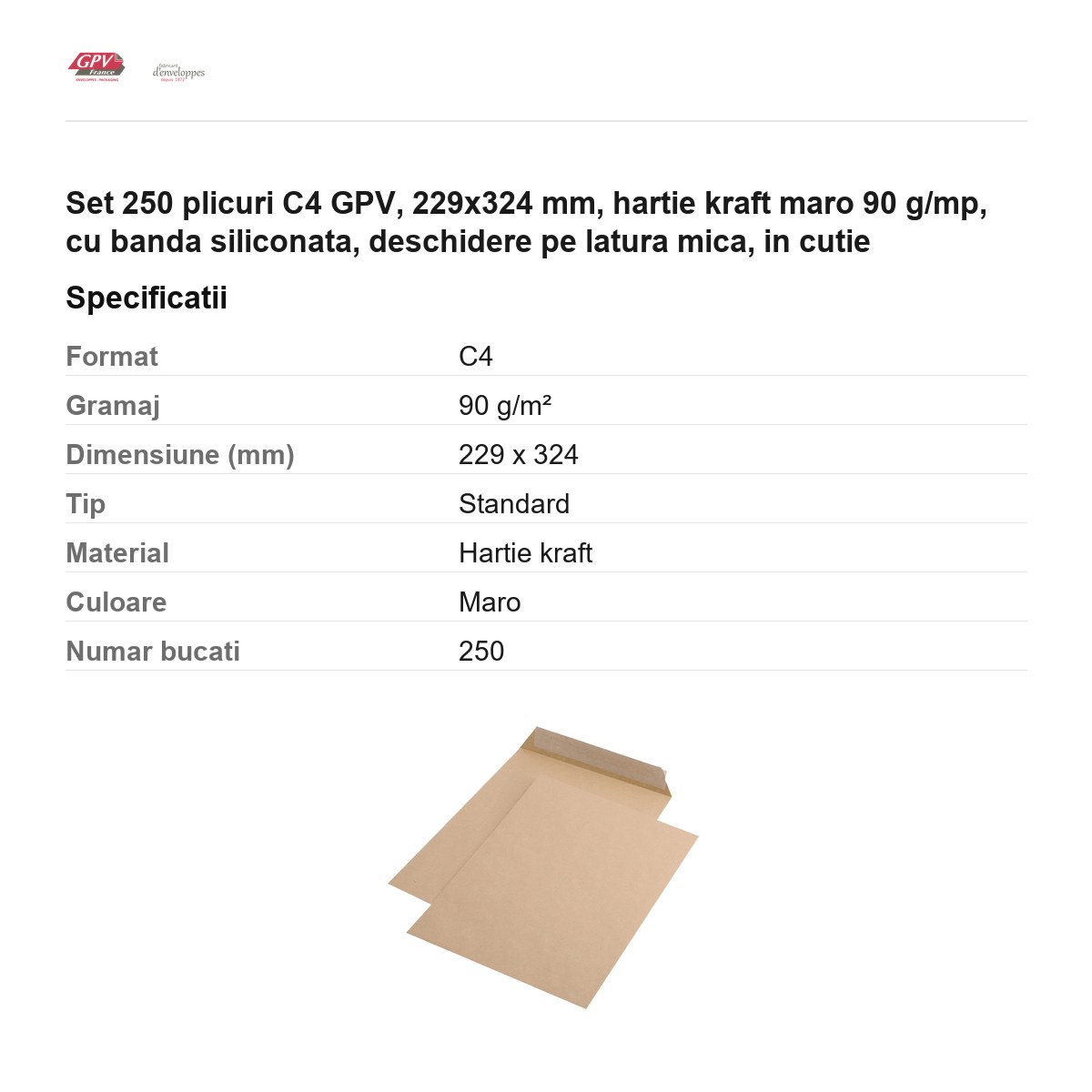 Set 250 plicuri C4 GPV, 229x324 mm, hartie kraft maro 90 g/mp, cu banda siliconata, deschidere pe latura mica, in cutie [2]