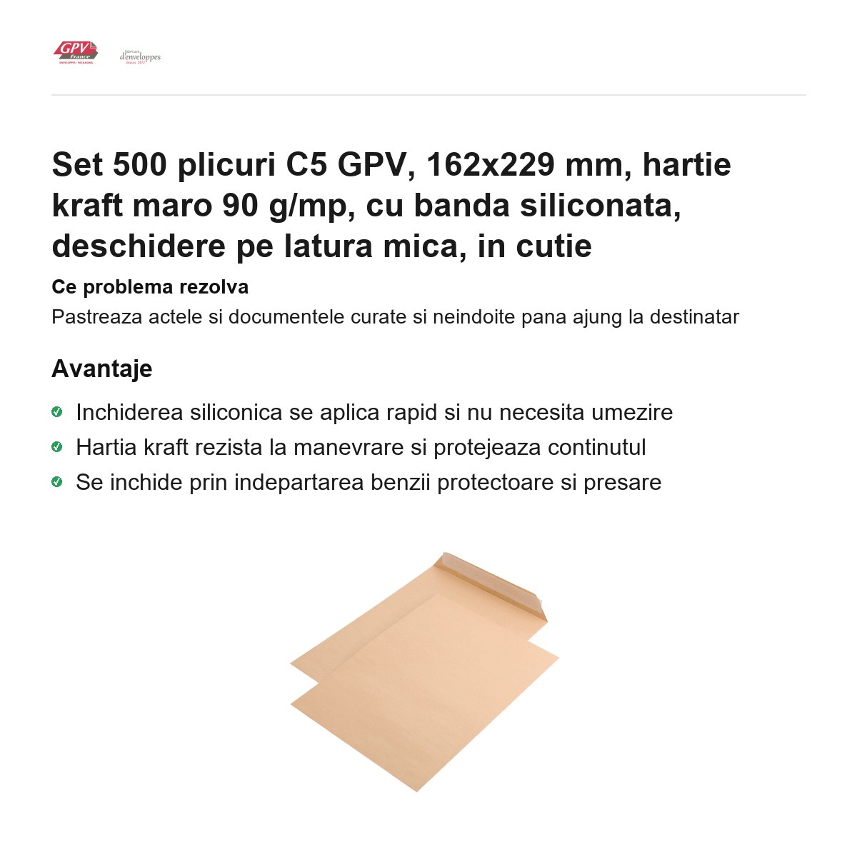 Set 500 plicuri C5 GPV, 162x229 mm, hartie kraft maro 90 g/mp, cu banda siliconata, deschidere pe latura mica, in cutie [1]