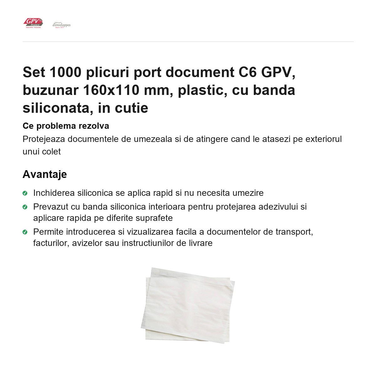 Set 1000 plicuri port document C6 GPV, buzunar 160x110 mm, plastic, cu banda siliconata, in cutie [1]