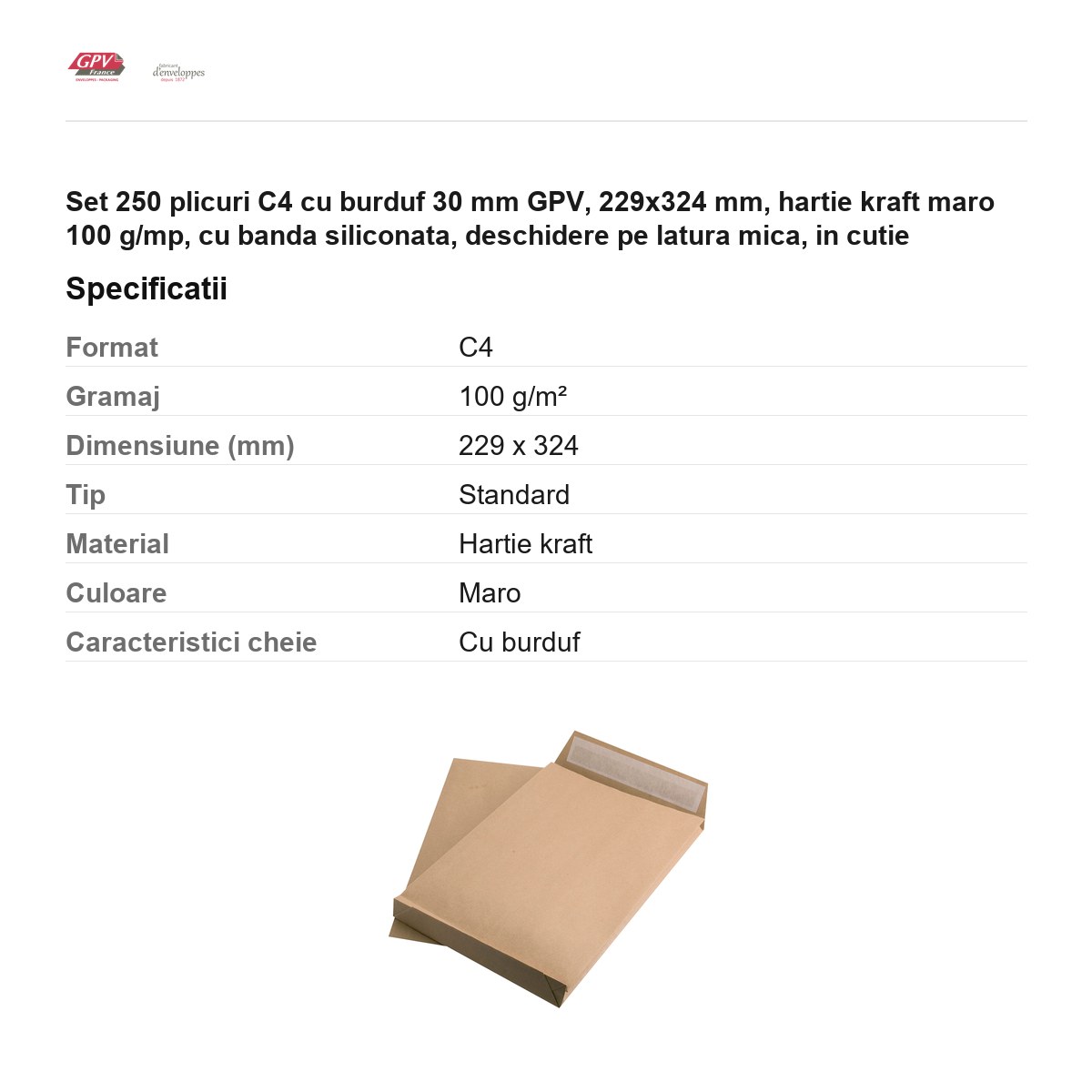 Set 250 plicuri C4 cu burduf 30 mm GPV, 229x324 mm, hartie kraft maro 100 g/mp, cu banda siliconata, deschidere pe latura mica, in cutie [2]