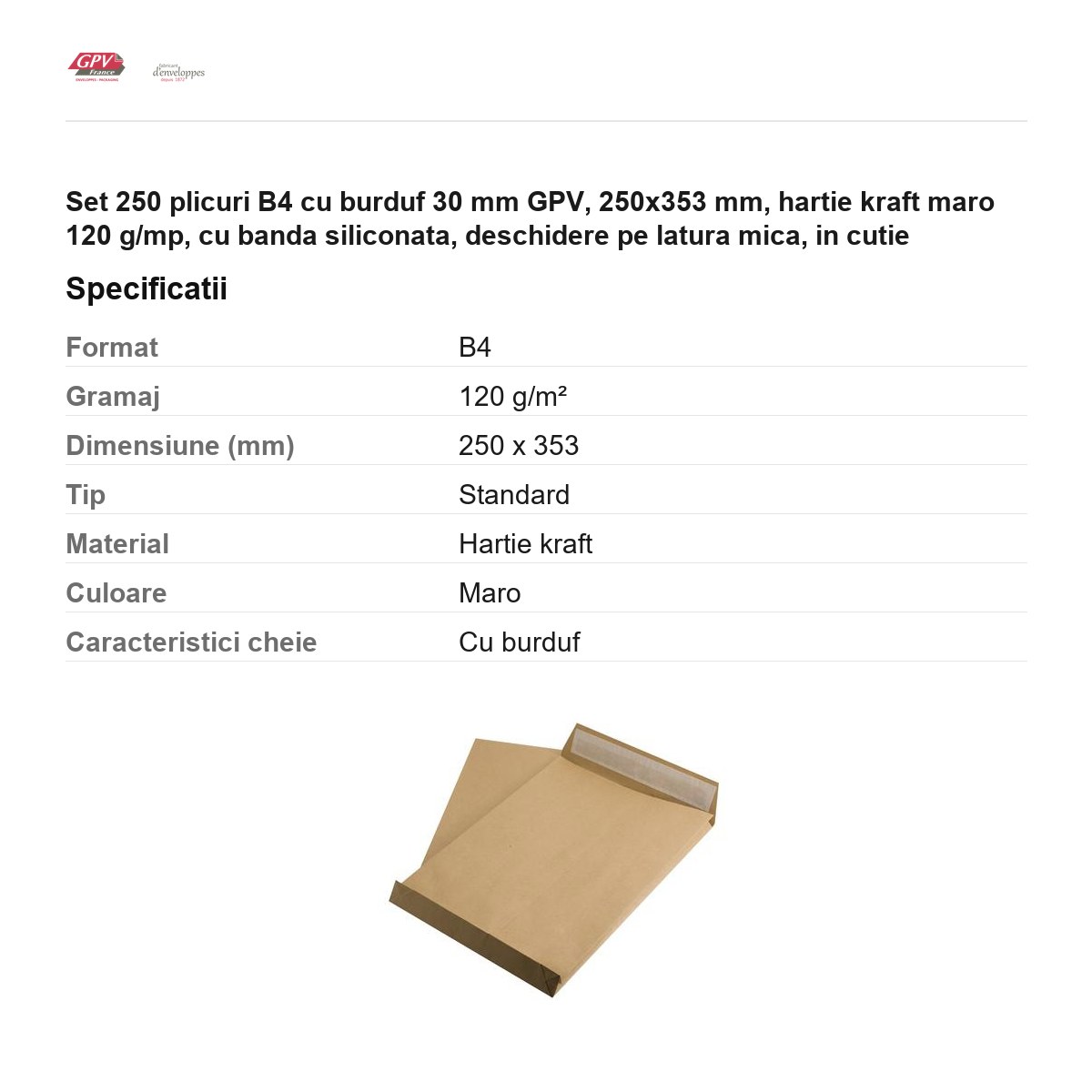 Set 250 plicuri B4 cu burduf 30 mm GPV, 250x353 mm, hartie kraft maro 120 g/mp, cu banda siliconata, deschidere pe latura mica, in cutie [2]