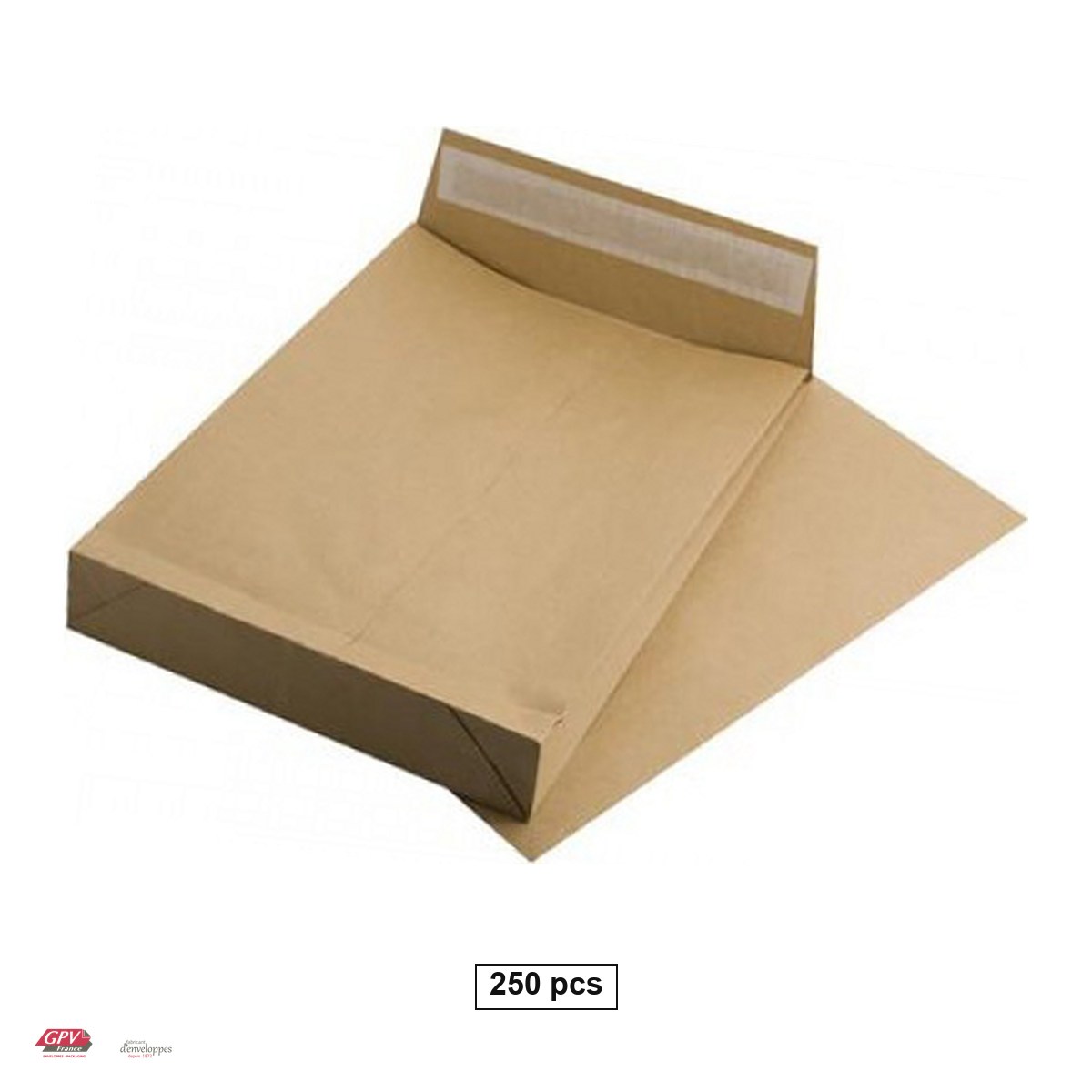 Plicuri - Set 250 plicuri B4 cu burduf 50 mm GPV, 250x353 mm, hartie kraft maro 120 g/mp, cu banda siliconata, deschidere pe latura mica, in cutie